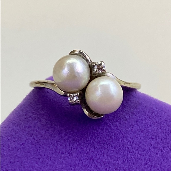 💛 10k White Gold Vintage Pearl & Diamond Ring - Picture 2 of 8